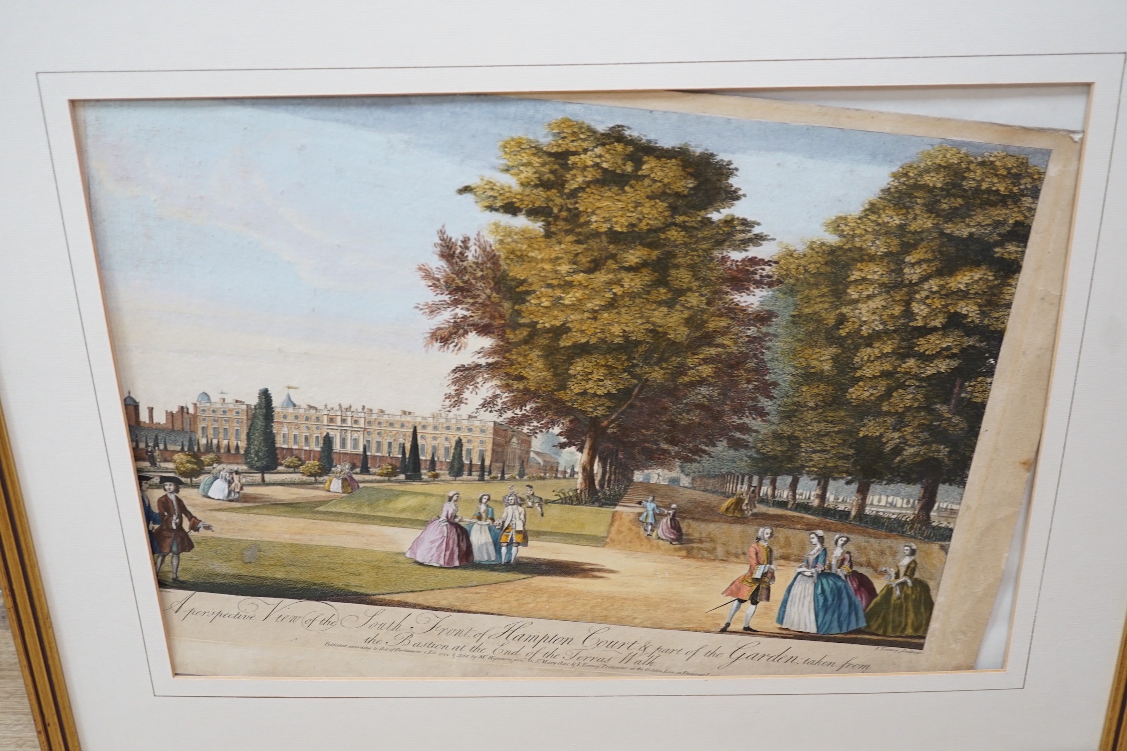 Tinney after Anthony Highmore (1718-1799), set of three hand coloured engravings, Views of Hampton Court, 1744, 35 x 49cm